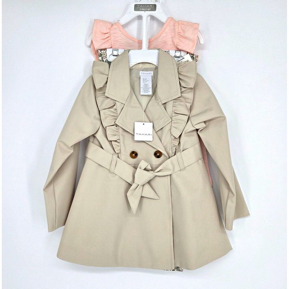 Tahari Girls 4T 3-Piece Outfit Set Beige Belted Trench Coat Pink Floral Leggings